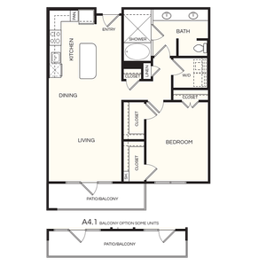 Elegant floor plan showcasing a spacious one-bedroom apartment with open living and dining areas, modern kitchen, and a luxurious bath. Includes a private patio/balcony for outdoor relaxation.