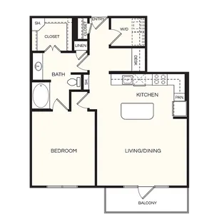 Modern 1-bedroom apartment floor plan featuring a spacious living and dining area, sleek kitchen with pantry, and private balcony.