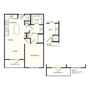 Modern floor plan featuring 1 bedroom, open kitchen with island, spacious living and dining area, and a large bath with patio/balcony option.