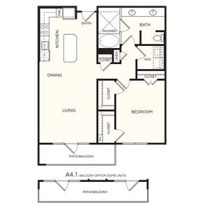 Chic 1-bedroom floor plan with spacious living and dining area, modern kitchen, and a private patio/balcony option.
