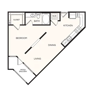Contemporary 1-bedroom floor plan featuring an open-concept living and dining area, modern kitchen, and private patio.