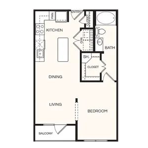 Inviting floor plan showcasing one-bedroom layout with spacious living and dining area, modern kitchen, and cozy balcony.
