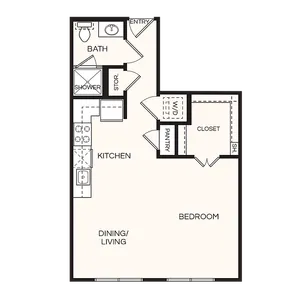 Modern floor plan with one-bedroom, featuring a spacious dining and living area, cozy kitchen, and efficient bathroom layout.