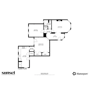 Contemporary floor plan showcasing 1 bedroom, spacious living and dining areas, large kitchen, and entryway, designed by Sunset Property Solutions.