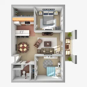 2D floor plan featuring 2 bedrooms, an open living room, dining area, kitchen, and balcony.