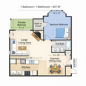 Modern 1 bedroom apartment floor plan showcasing spacious living area, private balcony, and a stylish kitchen, 821 sq ft.