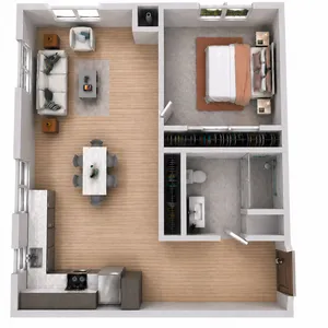 Modern, open-layout floor plan featuring a cozy bedroom, sleek bathroom, stylish kitchen, and a spacious, light-filled living and dining area.
