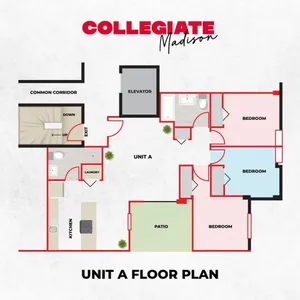 Collegiate Madison Unit A floor plan with 3 bedrooms, a modern kitchen, and a welcoming patio, conveniently located next to an elevator.