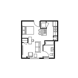 Cozy 1-bedroom apartment floor plan featuring an efficient layout with a combined living and dining area, a modern kitchen, and a compact bathroom.