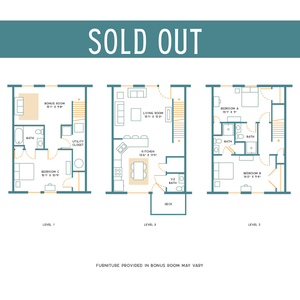 Chic multi-level floor plan featuring a bonus room, spacious living room, modern kitchen with a deck, and three well-appointed bedrooms.
