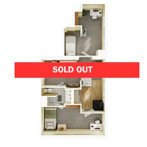 Contemporary floor plan showcasing two bedrooms, a modern kitchen, cozy living space, and a stylish home office. Sold out with high demand.