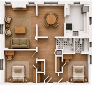 Modern floor plan with 2 cozy bedrooms, elegant living room, inviting dining area, and sleek kitchen, ideal for stylish living.