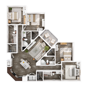 Modern apartment floor plan showcasing 3 spacious bedrooms, open-concept living and dining area, sleek kitchen, and two elegant bathrooms with contemporary finishes.