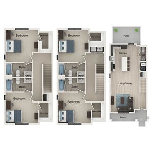 Modern 2D floor plan showcasing dual-level design with three spacious bedrooms, elegant kitchen, open living and dining area, and inviting patio.