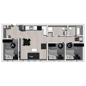 Modern 2D floor plan featuring 3 bedrooms, an open living and dining area, and a sleek kitchen layout.