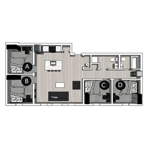 Modern floor plan featuring four bedrooms, a spacious open kitchen, and a cozy living area, ideal for stylish living.