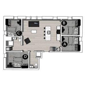 Modern floor plan showcasing 4 bedrooms, elegant open-concept living space, and a central kitchen island.