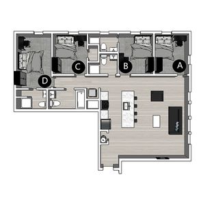 Elegant floor plan showcasing 4 bedrooms, modern kitchen island, and open living area with stylish design.