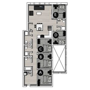 Modern floor plan showcasing five bedrooms, an open-concept living and kitchen area, and multiple bathrooms for convenience.