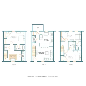 Modern three-level floor plan with 4 bedrooms, including a bonus room and utility closet on the first level, open kitchen and living area with deck on the second level, and additional bedrooms with ensuite baths on the third level.