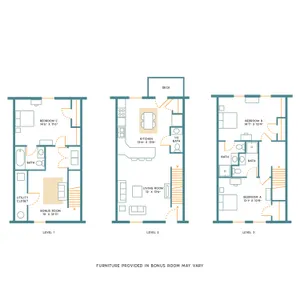 Chic 3-level floor plan featuring 3 bedrooms, spacious living room, modern kitchen, bonus room, and private deck.
