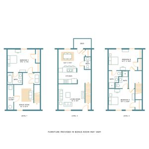 Chic tri-level floor plan featuring three spacious bedrooms, a bonus room, and an open-concept living area with a deck; perfect for modern living.