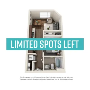 Modern 3D floor plan highlighting a cozy, open-concept design featuring a comfortable living room, kitchen, and bathroom. Experience stylish living with limited spots remaining!