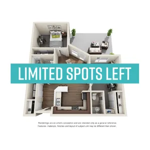 Modern 3D floor plan featuring a cozy bedroom, spacious open-concept living area, and stylish kitchen with sleek appliances. Limited spots available for this inviting apartment layout.