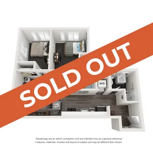Modern floor plan showcasing two cozy bedrooms, a spacious living area, sleek kitchen, and convenient bathroom, marked as \'Sold Out\'.
