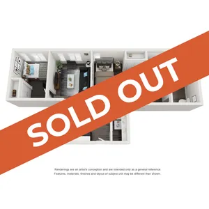 Modern 3D floor plan with 2 bedrooms, cozy living space, and stylish interiors, marked as sold out.