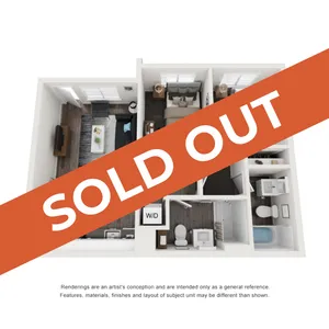 Modern 3D floor plan showcasing a cozy apartment with two bedrooms, elegant living area, and well-equipped kitchen, now sold out.