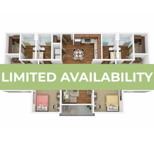 Chic 3D floor plan of a modern apartment featuring 3 bedrooms, a central open kitchen, and cozy living areas. Limited availability adds exclusivity.