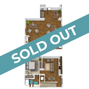 Contemporary 2D floor plan featuring an inviting open-concept living area, stylish kitchen, and cozy bedroom. Sold Out.