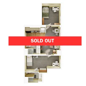 Modern 3D floor plan illustrating a chic apartment with two cozy bedrooms, a sleek kitchen, and inviting living space, now sold out.