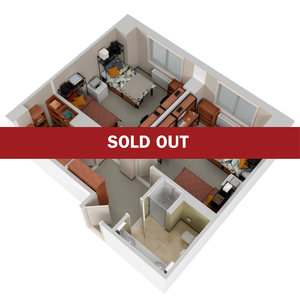 Cozy 3D floor plan showcasing two-bedroom layout with shared bath, spacious living area, and modern decor. SOLD OUT.