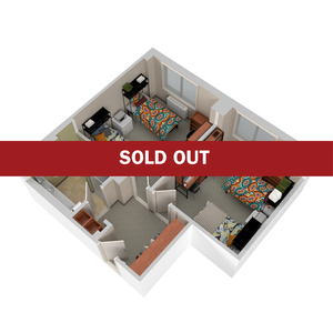 Modern 3D floor plan with two cozy bedrooms, inviting living space, and a compact kitchen, marked as sold out.