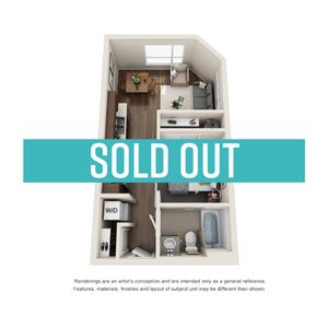 Modern 3D floor plan showcasing a cozy apartment with an open living area, one bedroom, kitchen, and bathroom, complemented by hardwood floors. SOLD OUT overlay emphasizes high demand.