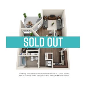 Modern 3D floor plan showcasing cozy living room, sleek kitchen, spacious bathroom, and inviting bedroom with private balcony.