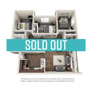 Modern 3D floor plan displaying 3 bedrooms, a sleek kitchen, and a cozy living area with stylish design elements.