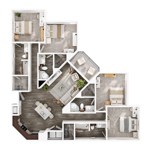 Contemporary 4-bedroom apartment floor plan with open living-dining area, sleek kitchen, and private balcony for a modern living experience.
