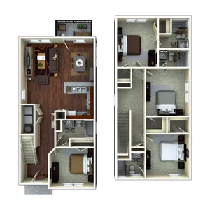 Chic 3D floor plan showcasing a modern duplex apartment with 3 bedrooms, open-concept living and dining areas, elegant kitchen, and balcony, perfect for stylish urban living.