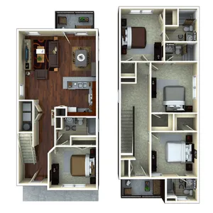 Modern two-story floor plan featuring three spacious bedrooms, an open living and dining area, stylish kitchen, and two elegant bathrooms.