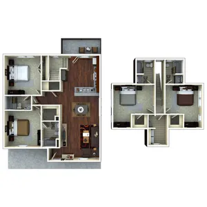 Modern duplex floor plan featuring 4 bedrooms, an expansive open-concept living area, elegant kitchen with breakfast bar, and two cozy dining spaces, ideal for families seeking comfort and style.