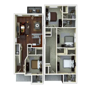 Elegant floor plan showcasing a multi-level apartment with three spacious bedrooms, an open-concept living and dining area, and modern kitchen with sleek finishes.