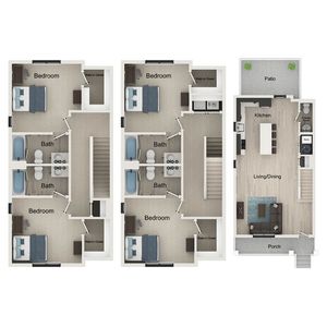Elegant floor plan featuring 3 bedrooms, dual baths, and a spacious open-concept living and dining area with a kitchen. Includes a cozy patio and porch, perfect for modern family living.