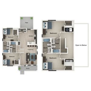 Elegant two-story floor plan showcasing three bedrooms, a modern open-concept living and dining area, and a stylish kitchen with a patio and porch access.
