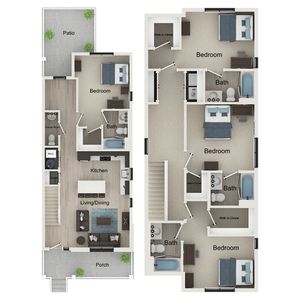 Modern two-level floor plan featuring 3 spacious bedrooms, 3 bathrooms, a sleek kitchen, open living and dining area, a cozy porch, and an inviting patio.