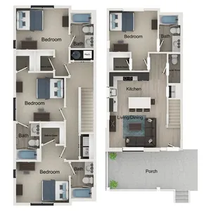 Elegant two-story floor plan featuring three bedrooms, an open kitchen and living/dining area, and a welcoming porch.