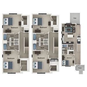 Elegant multi-level floor plan featuring 3 bedrooms, modern living and dining area, stylish kitchen, and inviting patio. Spacious walk-in closets and multiple baths enhance comfort in this contemporary design.