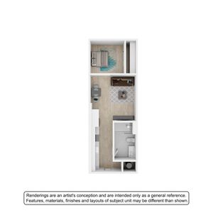 Modern 3D floor plan with cozy bedroom, open living-dining area, and sleek kitchen layout.